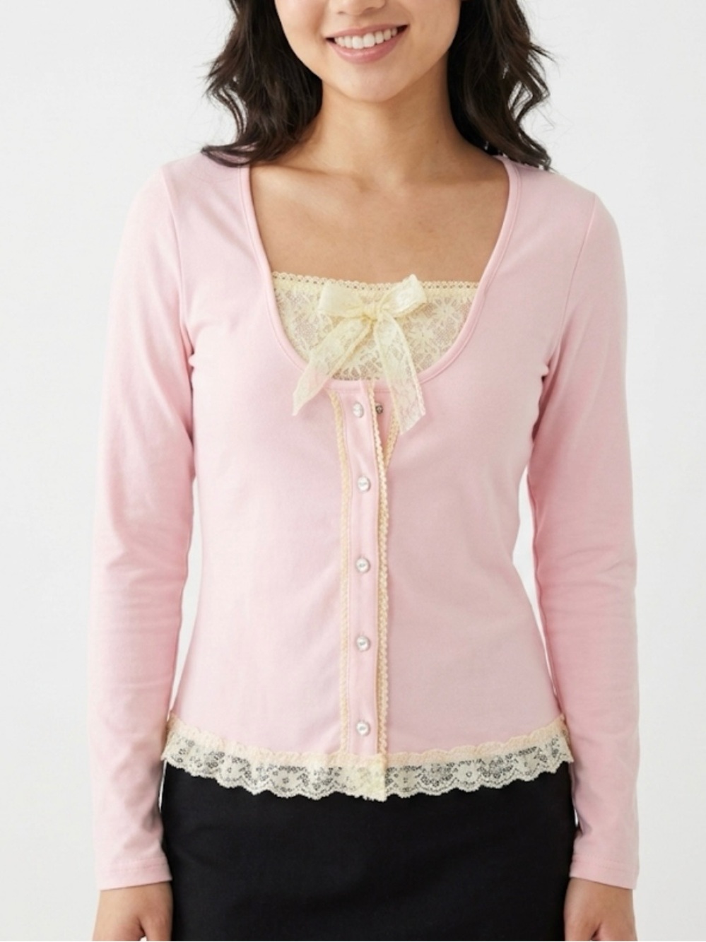 NWT ROMWE Soft Pink Lace-Trim Button Down Top Size S